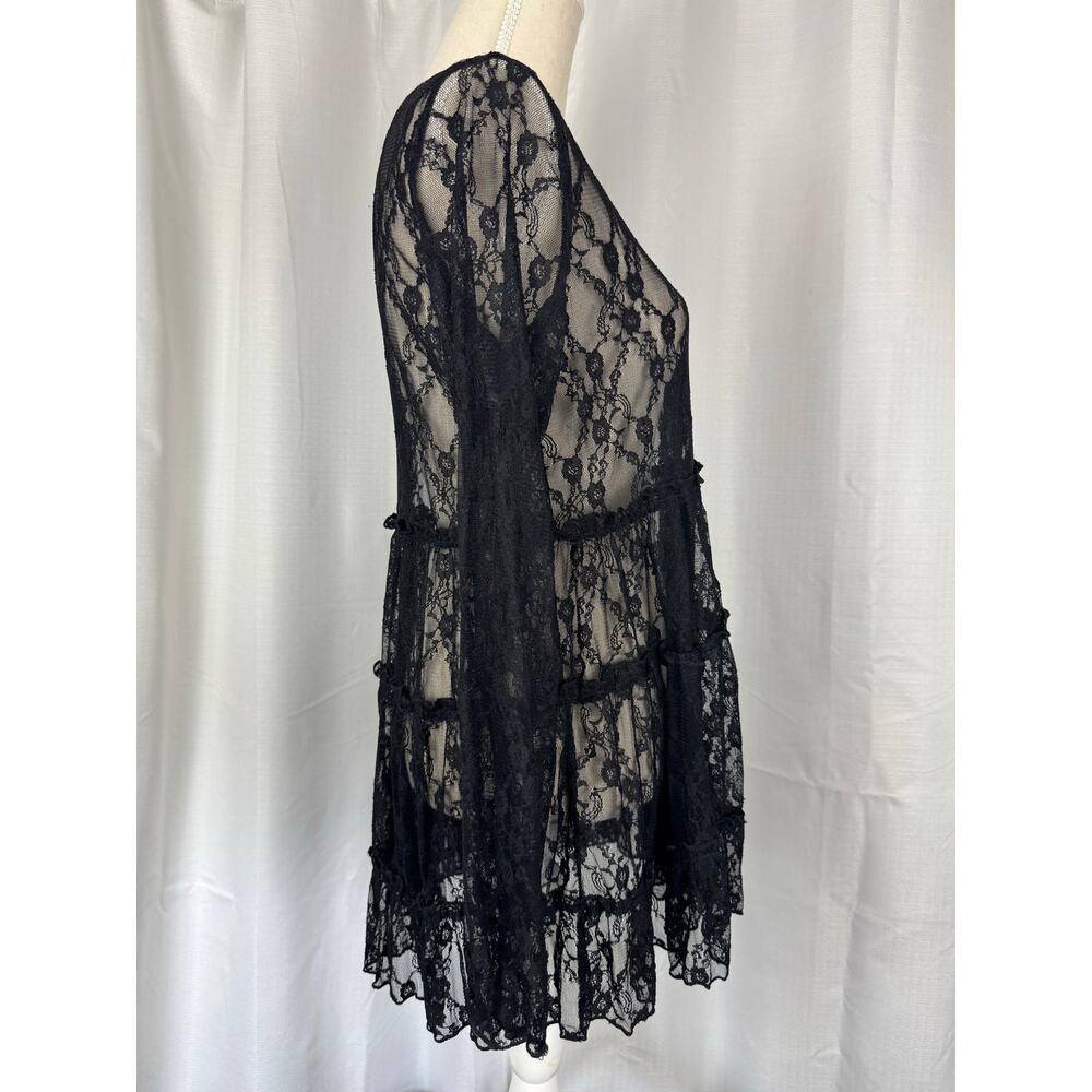 Black Lace Sheer Babydoll Top Romantic Boho Layering Medium - Picture 4 of 6